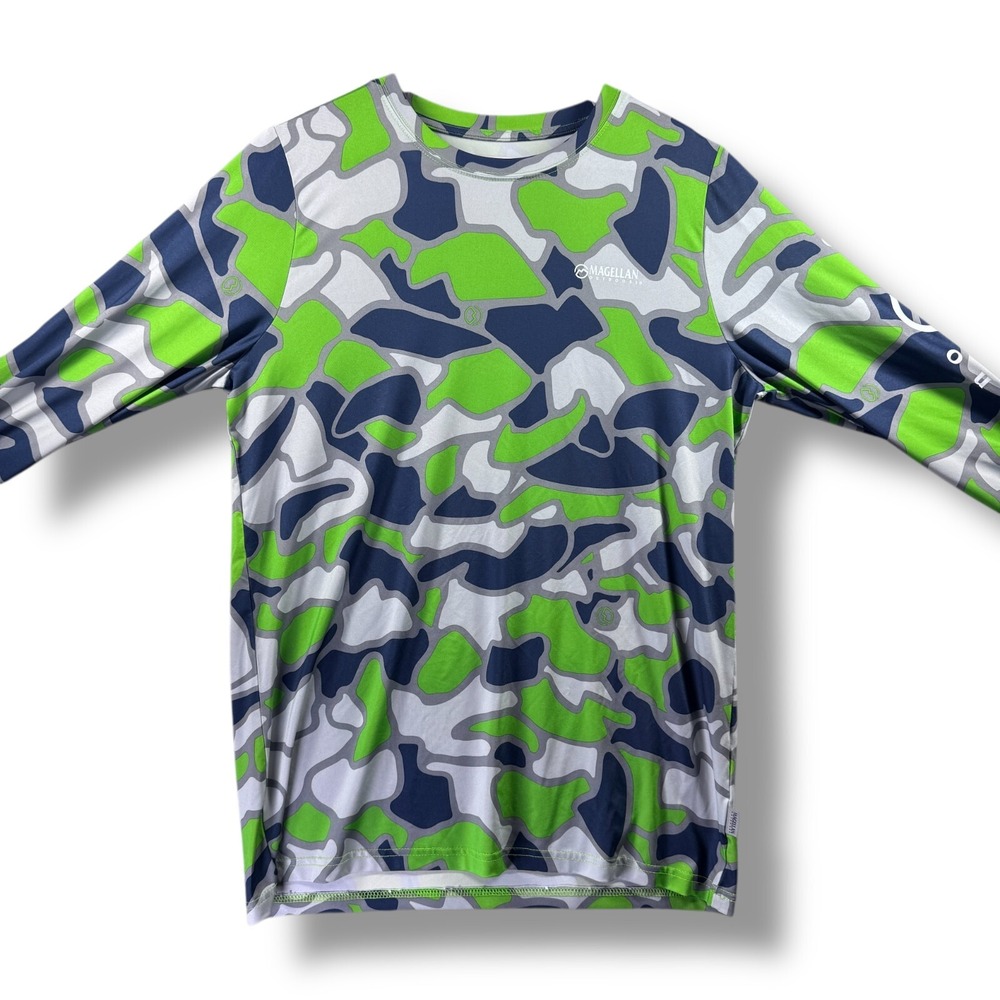 Magellan Boys Fish Gear Camo Long Sleeve Shirt XL 18-20 Green Blue Logo